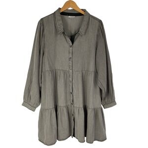 SERRA Boho Tiered Swing Shirt Dress with Pockets Size XL Long Sleeve Gray